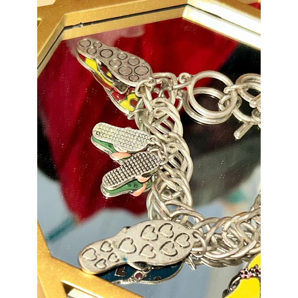 Vintage Charms Silver Bracelet Enamel Flip Flip Sandal Charms Colorful EUC